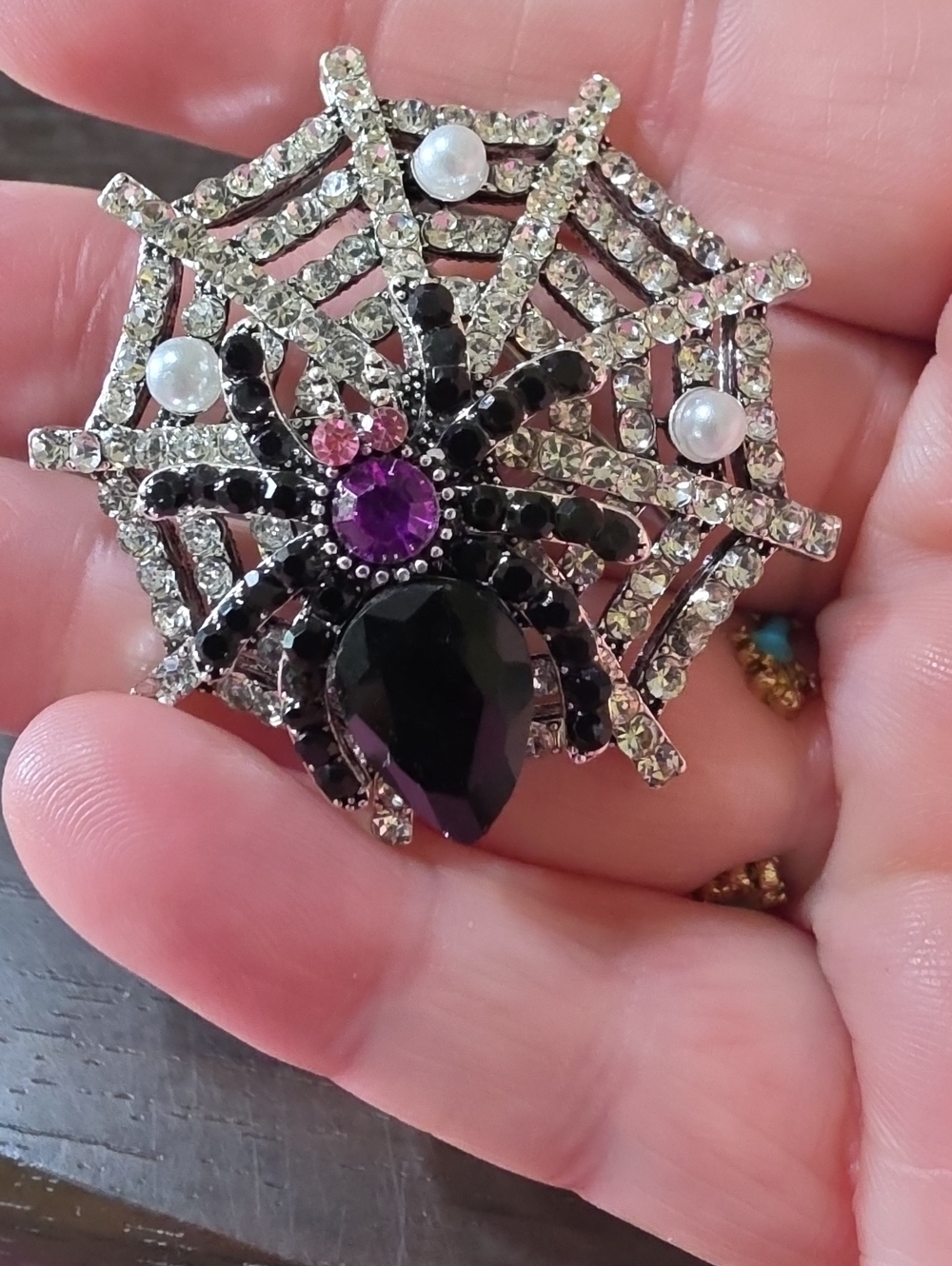 A139- Spider Web Crystal Brooch with Purple and Black Stones